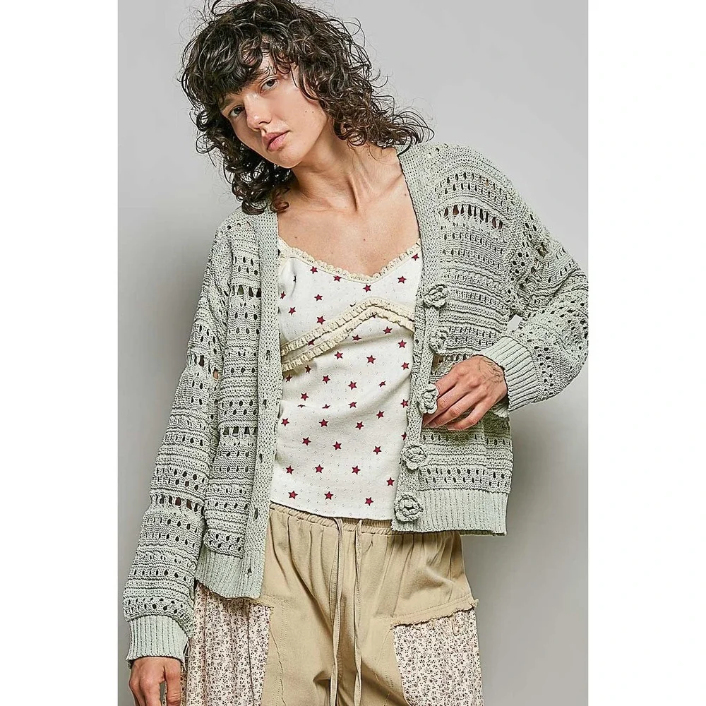 POL‎ Open-Knit Floral Button Cardigan - Medium